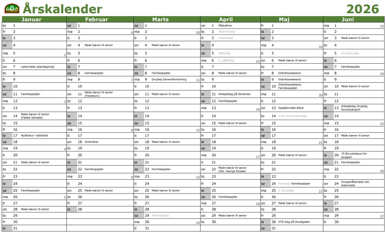 Årskalenderen for første halvår 2026